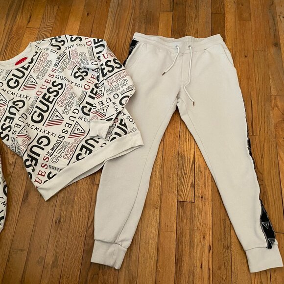 Guess White Sweatpants & Sweater w/ logos - Picture 1 of 5